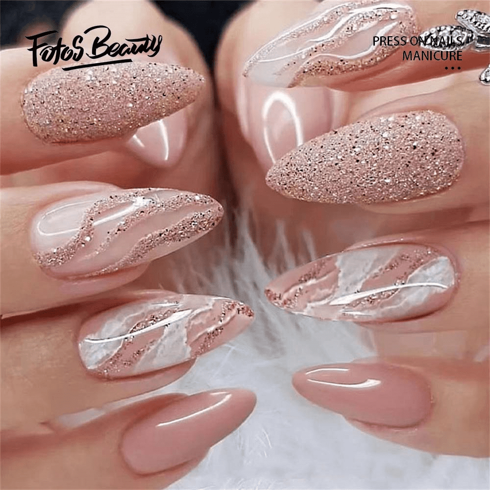Nude Powder Glitter Stiletto Fake Press-on Nails Set