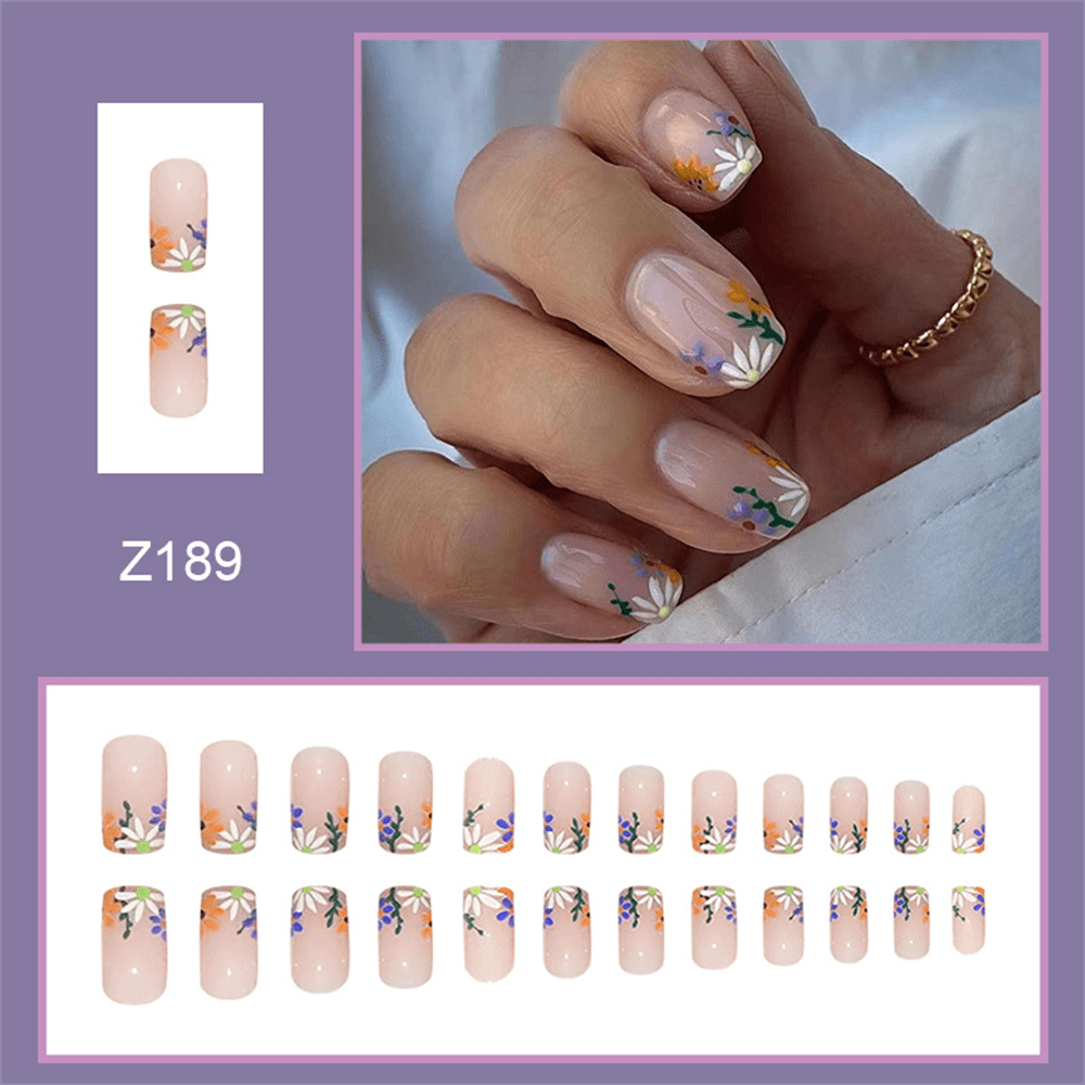 Purple Floral Square Fake Press-on Nails Set