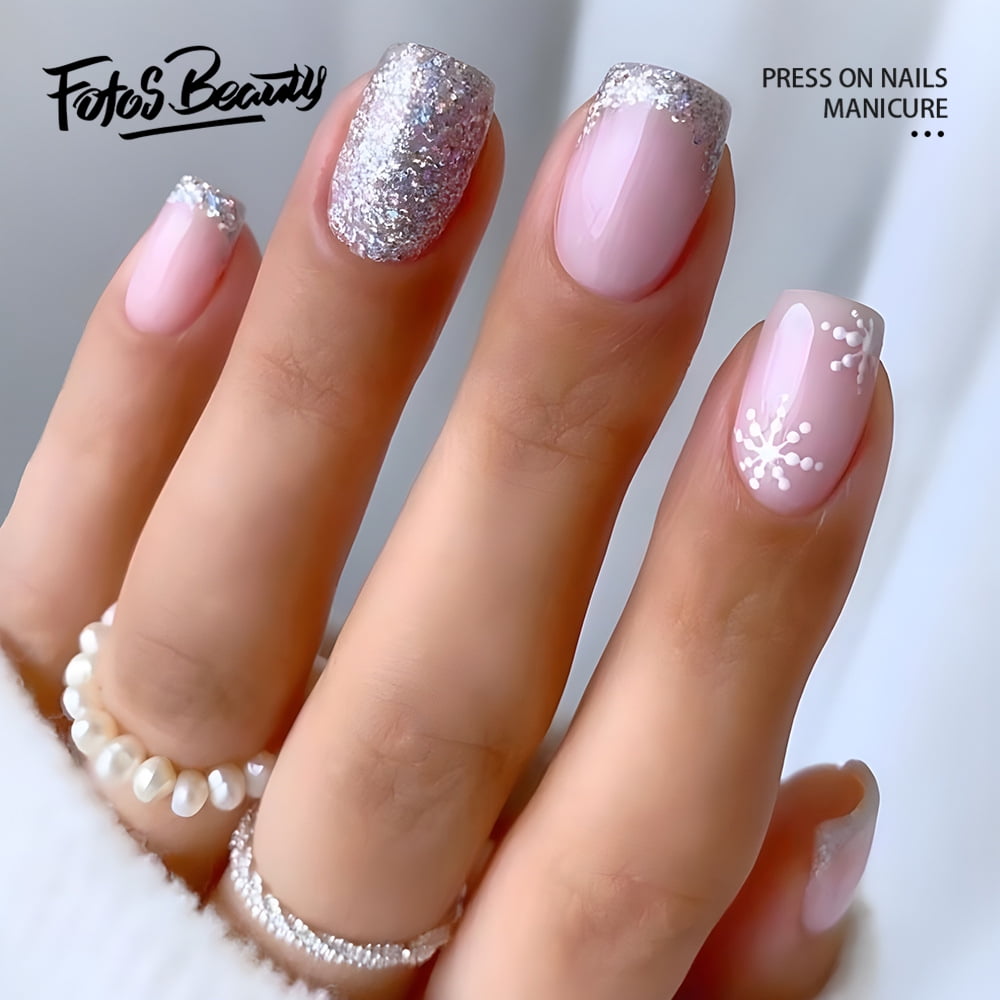 Fofosbeauty Christmas Coffin Fake Acrylic Nails 24pcs Silver