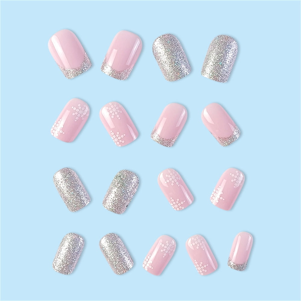 Fofosbeauty Christmas Coffin Fake Acrylic Nails 24pcs Silver