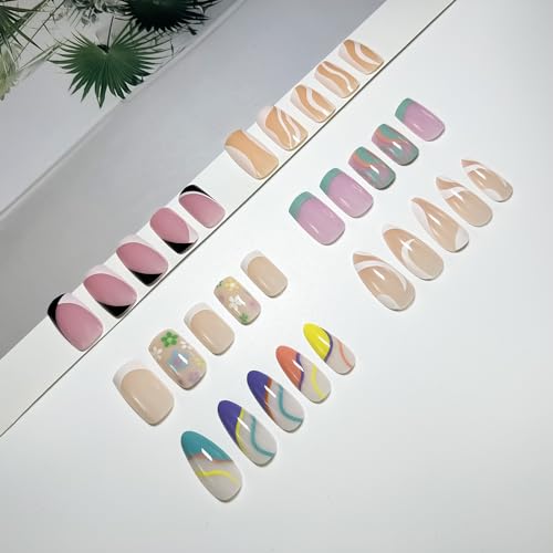 Jsiallye Flower French Tip Press on Nails Medium Pack