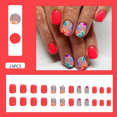 Red Glossy Acrylic Press on Nails with Flowers