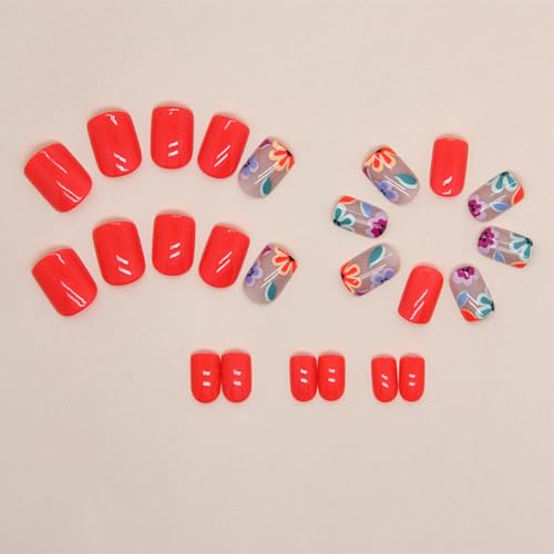 Red Glossy Acrylic Press on Nails with Flowers