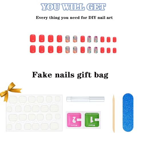 Red Glossy Acrylic Press on Nails with Flowers