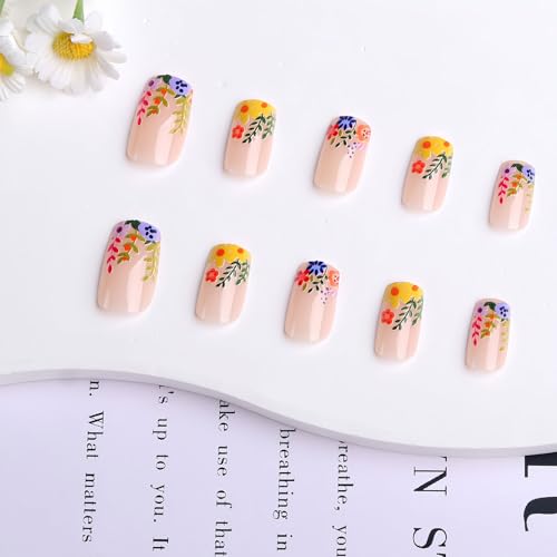Colorful Flower Square Acrylic Gel Press-on Nails Kit