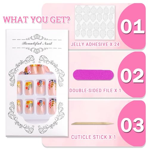 Colorful Flower Square Acrylic Gel Press-on Nails Kit