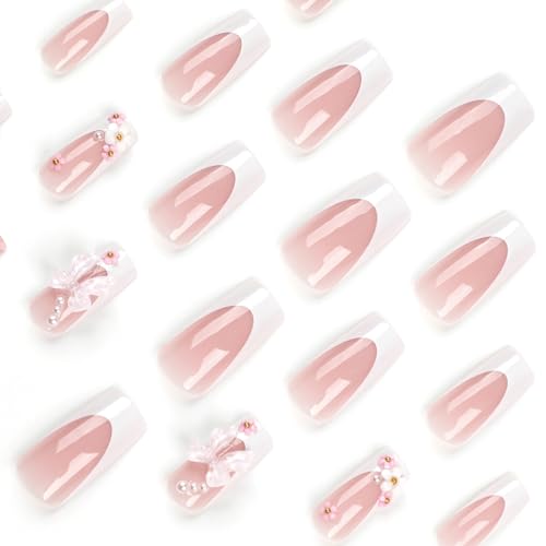 Rhinestone Pink 3D Flower Square False Nails Kit