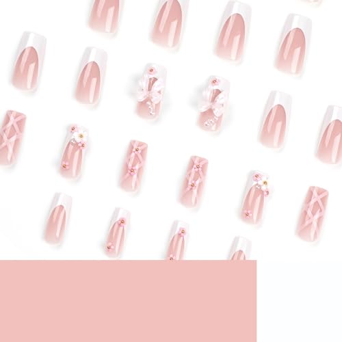 Rhinestone Pink 3D Flower Square False Nails Kit