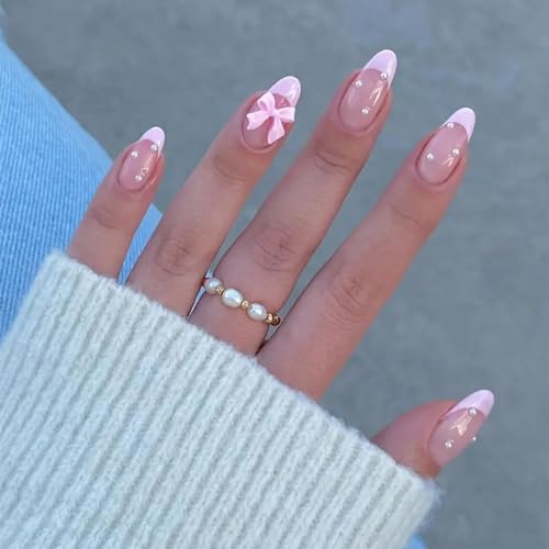 Almond French Tip Fake Nails with Bow Designs