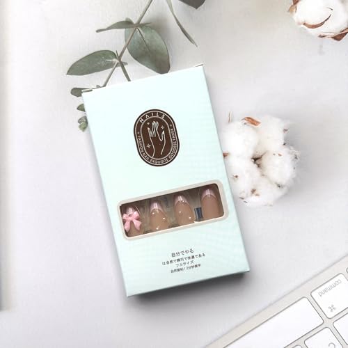 Almond French Tip Fake Nails with Bow Designs