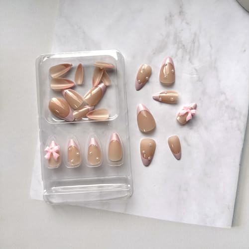 Almond French Tip Fake Nails with Bow Designs