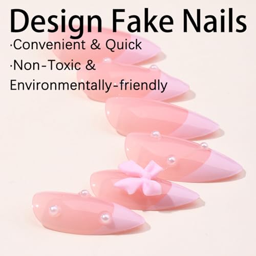 Almond French Tip Fake Nails with Bow Designs