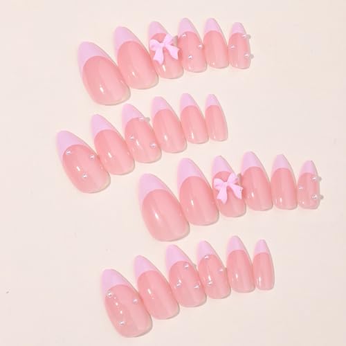 Almond French Tip Fake Nails with Bow Designs