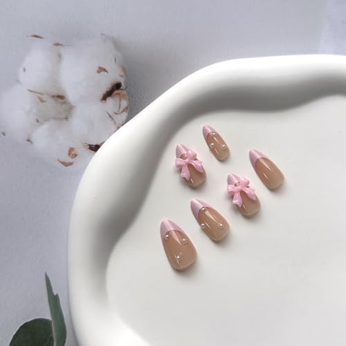 Almond French Tip Fake Nails with Bow Designs