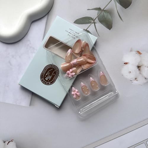 Almond French Tip Fake Nails with Bow Designs