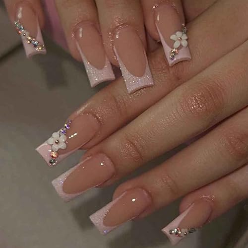 Pink French Press on Long Bling Rhinestone Nails