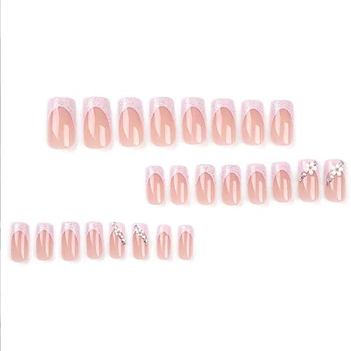 Pink French Press on Long Bling Rhinestone Nails