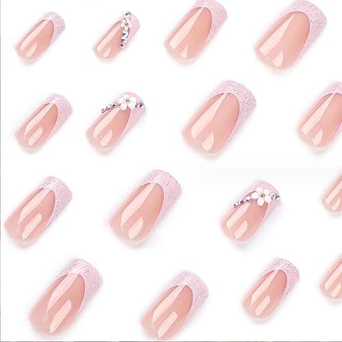 Pink French Press on Long Bling Rhinestone Nails