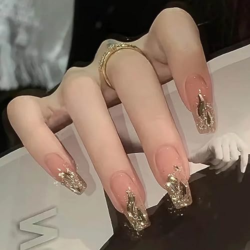Gold Gradient Fake Coffin Press on Nails for Women