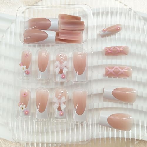 Pink French Tip Press on Nails with Bow Design