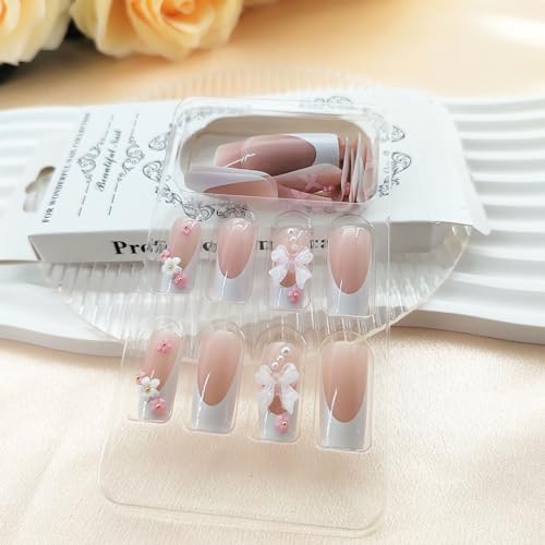 Pink French Tip Press on Nails with Bow Design