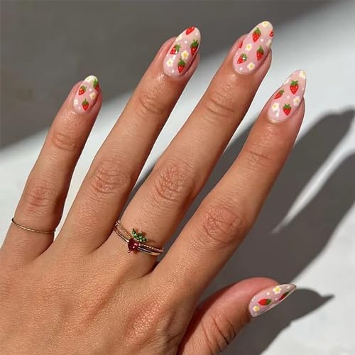 Almond Press-on Nails with Strawberry Designs - 24 Pcs