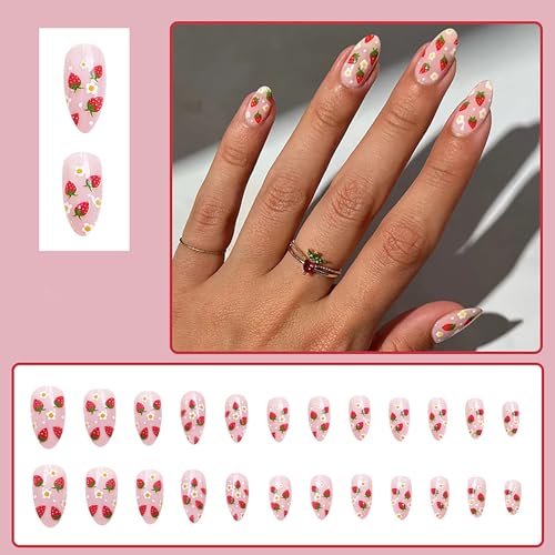 Almond Press-on Nails with Strawberry Designs - 24 Pcs
