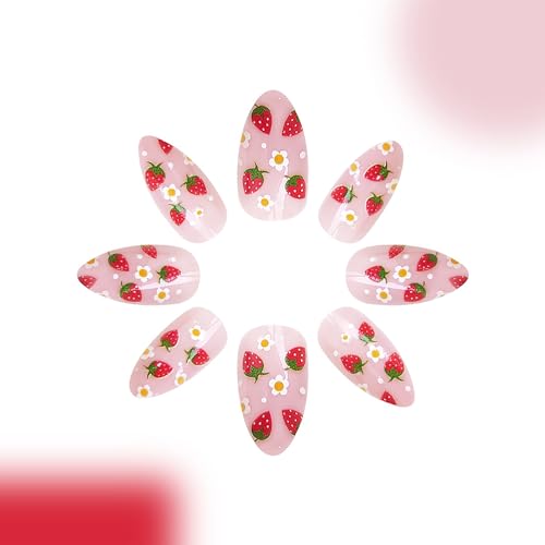 Almond Press-on Nails with Strawberry Designs - 24 Pcs