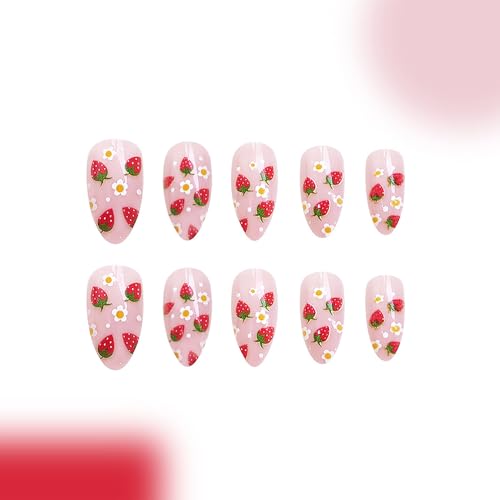 Almond Press-on Nails with Strawberry Designs - 24 Pcs
