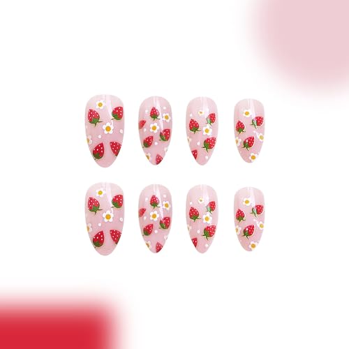 Almond Press-on Nails with Strawberry Designs - 24 Pcs