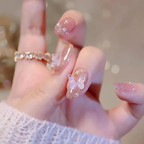 RikView Pink Medium Coffin Fake Nails with Butterflies