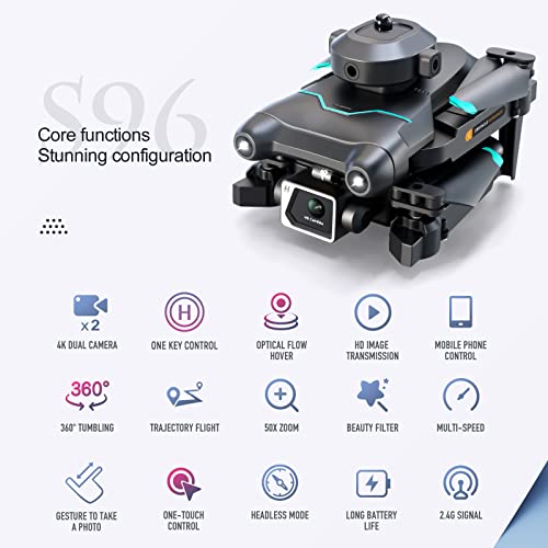 REHOBBKID Mini Drone for Kids with 4K Dual Camera, S96 Foldable WiFi FPV Live Video Drones for Adults Beginners,Altitude Hold, Avoid Obstacles,Headless Mode,One Key Start/Landing,Gesture Control RC Quadcopter with 2 Batteries, 3D Flips, APP Control,Toys Gifts for Boys Girls
