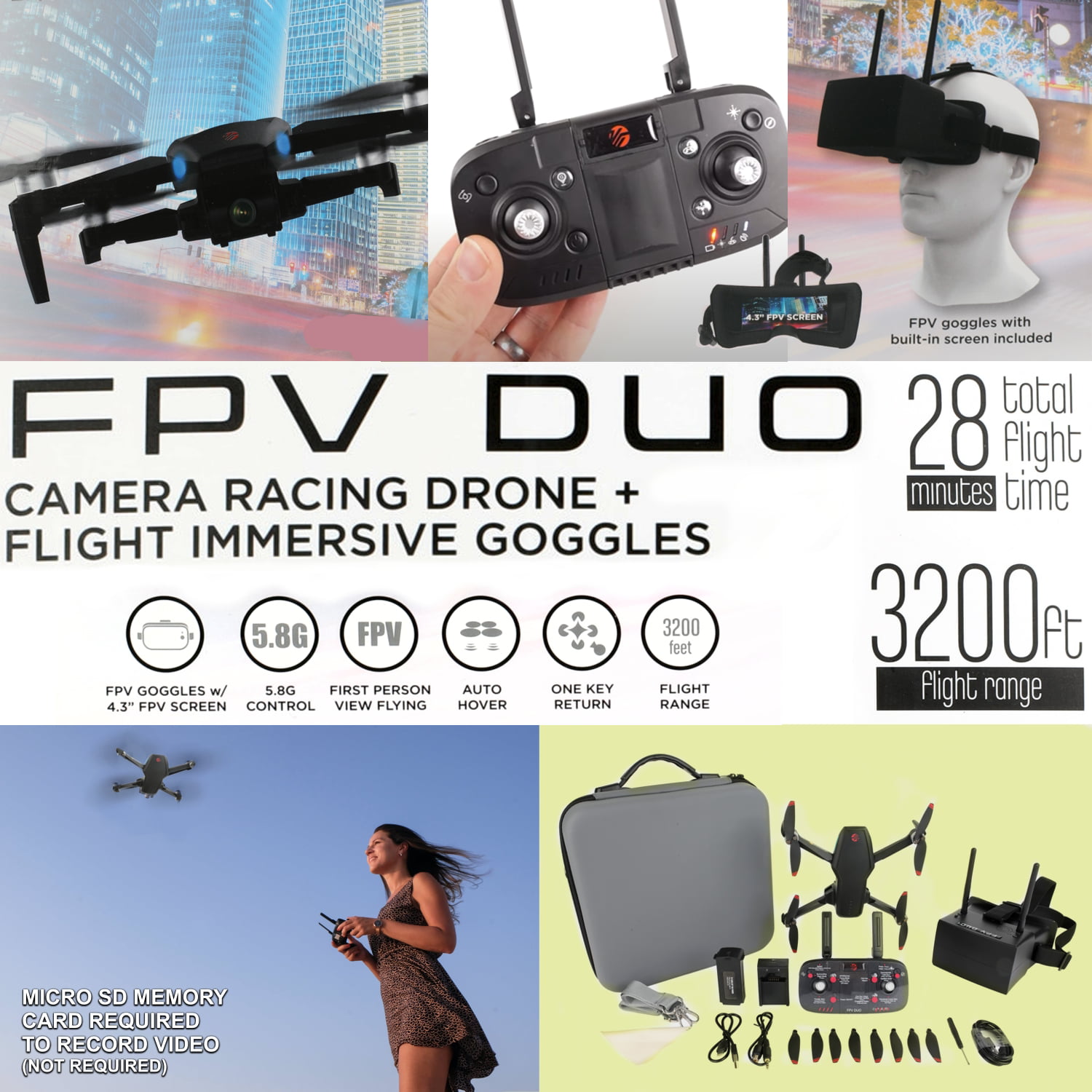 Vivitar FPV Racing Drone with Goggles, GPS - Black