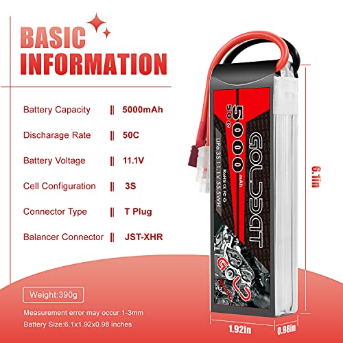 11.1V Lipo Battery 5000mAh 50C 3S Dean-Style T Connector (2 Pack)