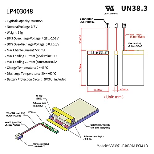 EEMB 3.7V Lipo Battery 500mAh 403048 JST