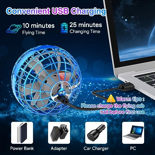 Blue Hand-Controlled Flying Ball with 360° Rotation and LED Lights