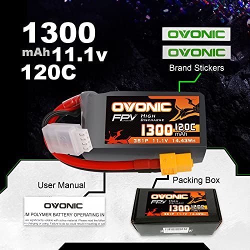 OVONIC 11.1V 1300mAh Lipo Battery with XT60 Plug (2 Pack)