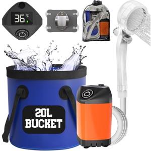 Elil Portable Camping Shower Pump with 5 Gallon Collapsible Bucket - Rechargeable Battery Camp Shower Electric Shower, Portable Shower for Camping