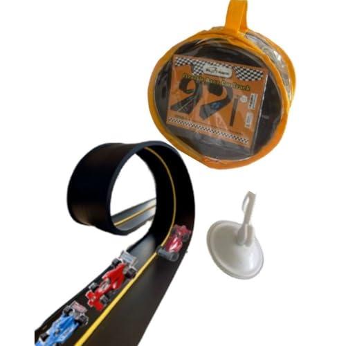 Toy Car Track Set, Flexible Track, with pressure Suction Cup, 2 small racecars, zipup storage bag, Highly flexible two-lane racetrack. Slot Car Race Tracks Set, DOUBLESIDED 5+ meters long