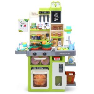 HOLYFUN Kids Pretend Play Kitchen Set with Sounds, Lights, Cooking Stove, Sink, and Play Food - Toy Kitchen for Toddlers (Green)