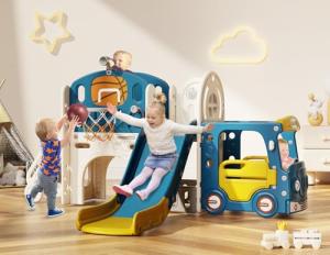 BIERUM 10 in 1 Toddler Slide, Baby Slide for Toddlers Age 1+ with Ring Toss, Basketball Hoop and Bus Play House, Indoor Outdoor Slide Toddler Playset Toddler Playground Blue Yellow
