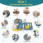 BIERUM 10 in 1 Toddler Slide, Baby Slide for Toddlers Age 1+ with Ring Toss, Basketball Hoop and Bus Play House, Indoor Outdoor Slide Toddler Playset Toddler Playground Blue Yellow