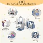 BIERUM 5 in 1 Toddler Slide and Swing Set, Kid Slide for Toddlers Age 1-3, Bus Themed Baby Slide with Basketball Hoop, Indoor Outdoor Slide Toddler Playset Toddler Playground Blue Gray