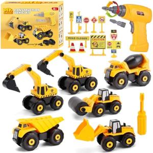 TEUVO Construction Take Apart Toys with Electric Drill, Building Excavator Toy STEM Trucks Vehicle Construction Vehicles for Kids, Educational Learning Gifts for Ages 3+ Boys & Girls
