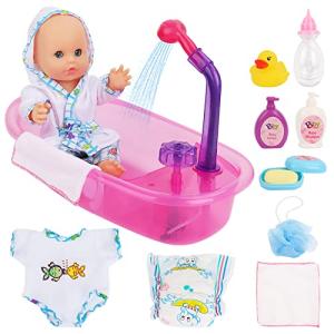 deAO Newborn Baby Doll Bath Set - Real Working Bathtub with Detachable Shower Spray, Toy Gift Set for 3+ Years Old Kids