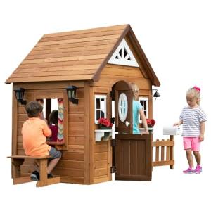 Backyard Discovery Aspen All Cedar Wooden Playhouse, Country Style, Dutch Front Door, Flower Pot Holders, Stove, Sink, Plastic Food, Doorbell, Mailbox, Outdoor Light Attached Picnic Bench