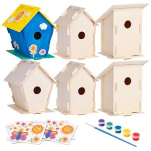 Neliblu 12 DIY Wooden Birdhouses - Creative Arts and Crafts Set for Kids and Adults - Unfinished Wood Birdhouse Kits with Paint Strips, Brushes, Stickers, and Strings - Build Your Own Bird Houses