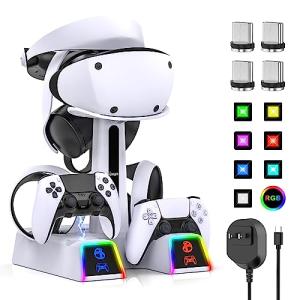 RGB Controller Charging Station for PS VR2 / PS5 / PS5 Edge with 5V/3A Adapter & 10 Led Light, Wireless Controller Charger Dock for Playstation 5, Charging Stand with VR2 Headset Holder