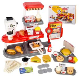 Hibility, 71pcs Kids Kitchen Playset, Artifical Food Sets with Water Dispenser & Cash Register, Fries, Hamburger Sandwich, Gift for Kids Ages 3+ Boys & Girls.
