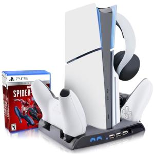 PS5 Slim Cooling Stand with Charging Station for Playstation 5 Slim Console(Digital/Disc), Controller Charger Slim Accessories Cooler Silent Fan. Headset Holder, 3 USB Hub, 8 Game Storage - Black